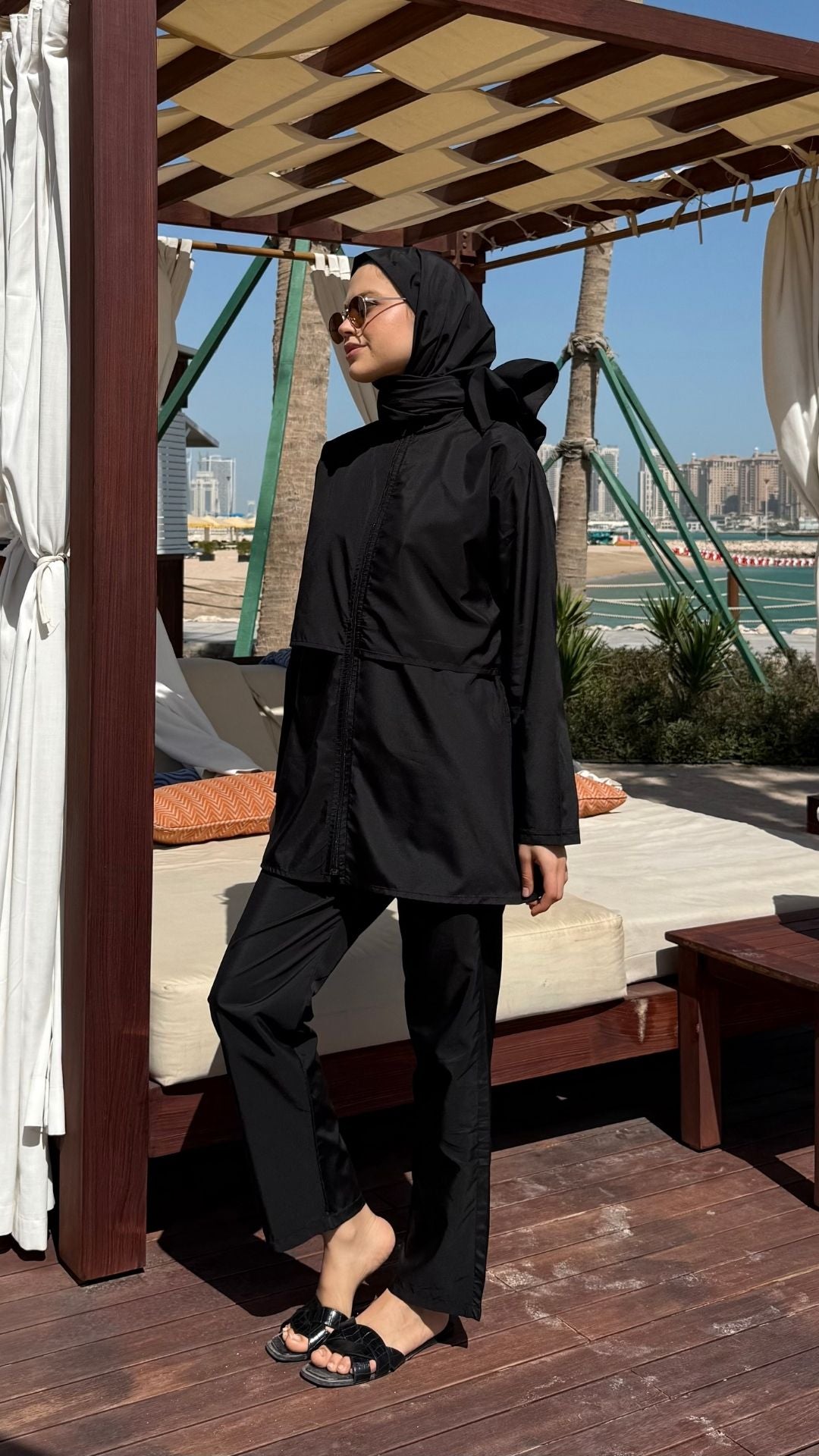 Doha Paraşüt Kumaş 3'lü Tam Kapalı Tesettür Mayo Siyah
