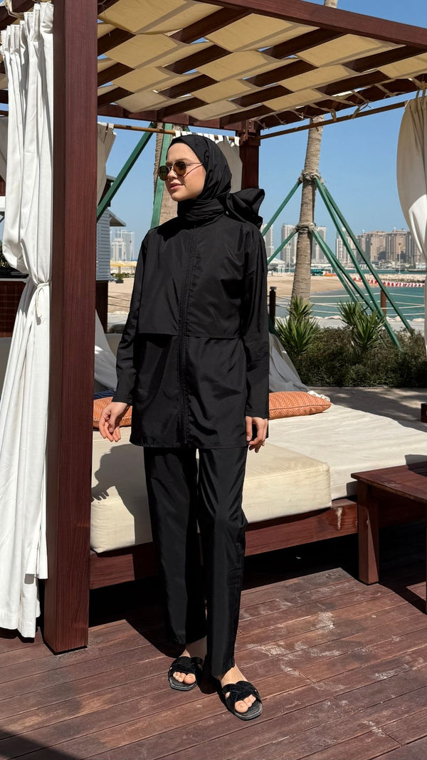 Doha Paraşüt Kumaş 3'lü Tam Kapalı Tesettür Mayo Siyah