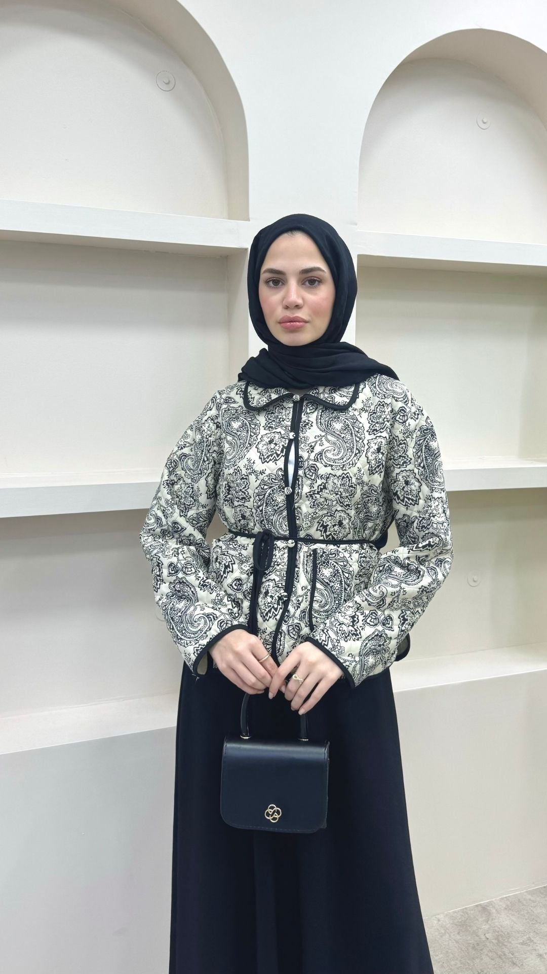 Bağlamalı Etnik Desen Kısa Ceket Siyah