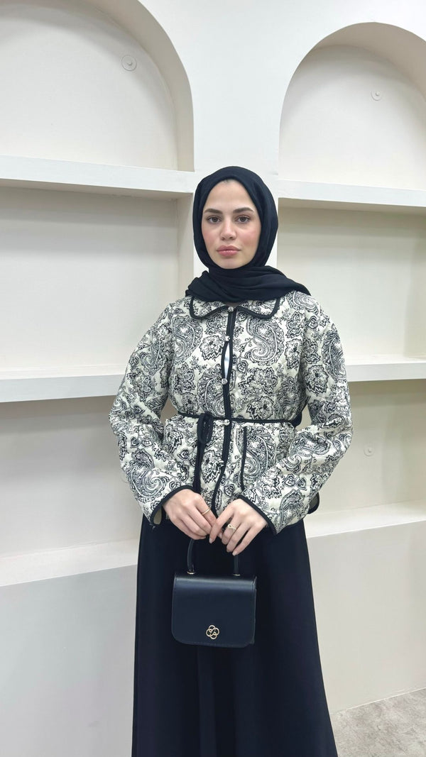 Bağlamalı Etnik Desen Kısa Ceket Siyah