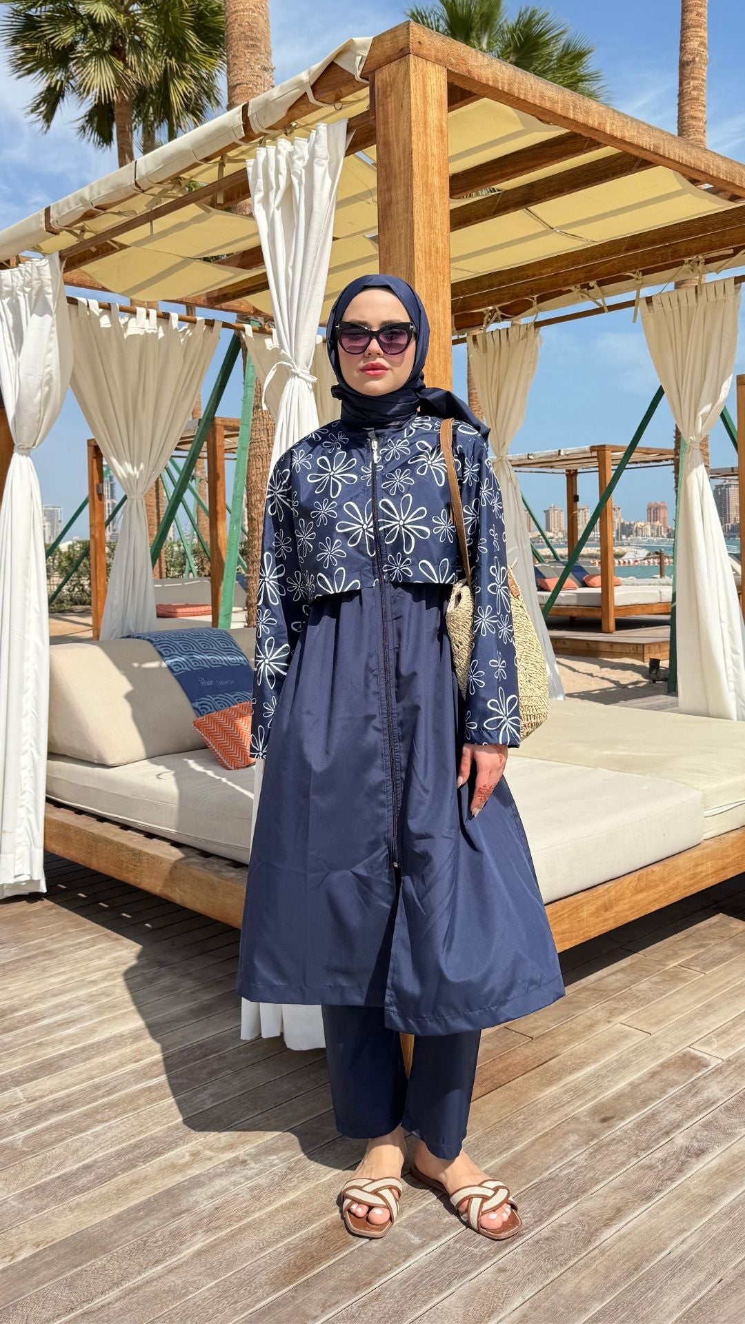 Desenli Paraşüt Kumaş Uzun Tesettür Mayo Lacivert