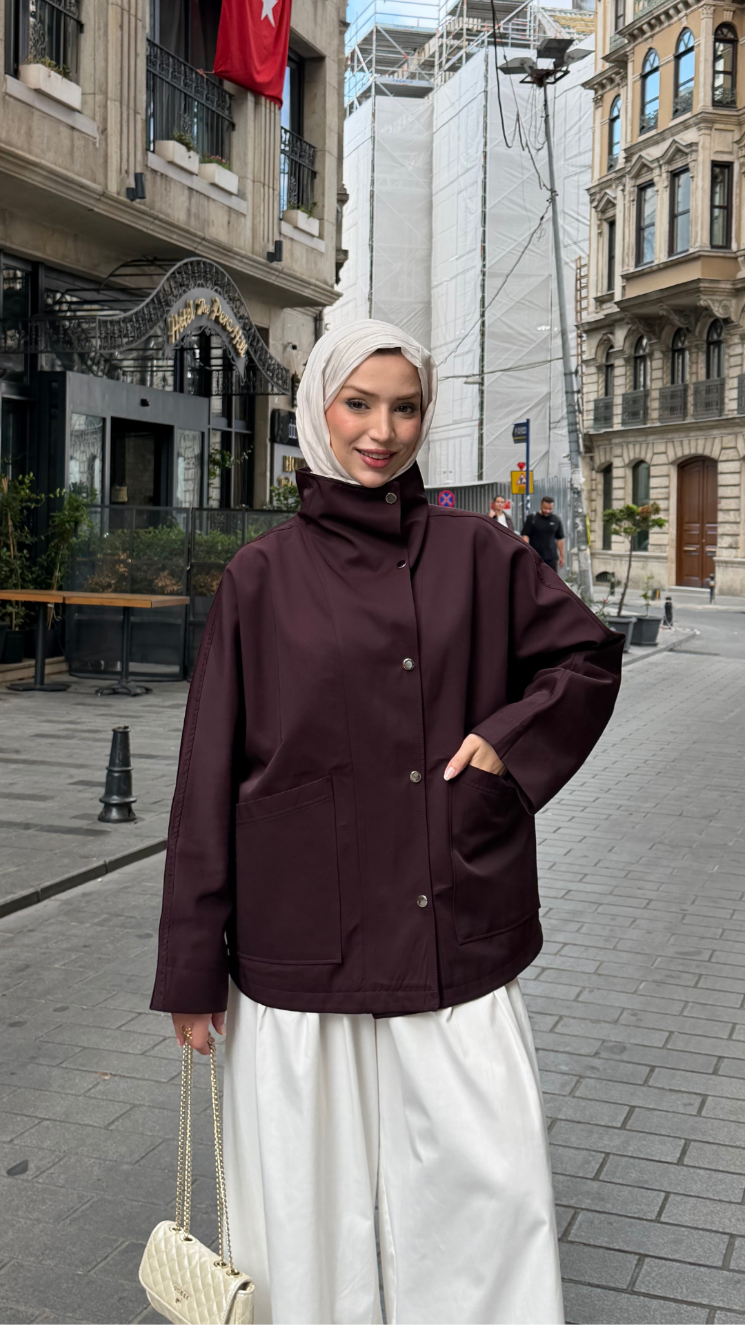 Çıt Çıtlı Trenç Kumaş Oversize Ceket Mürdüm