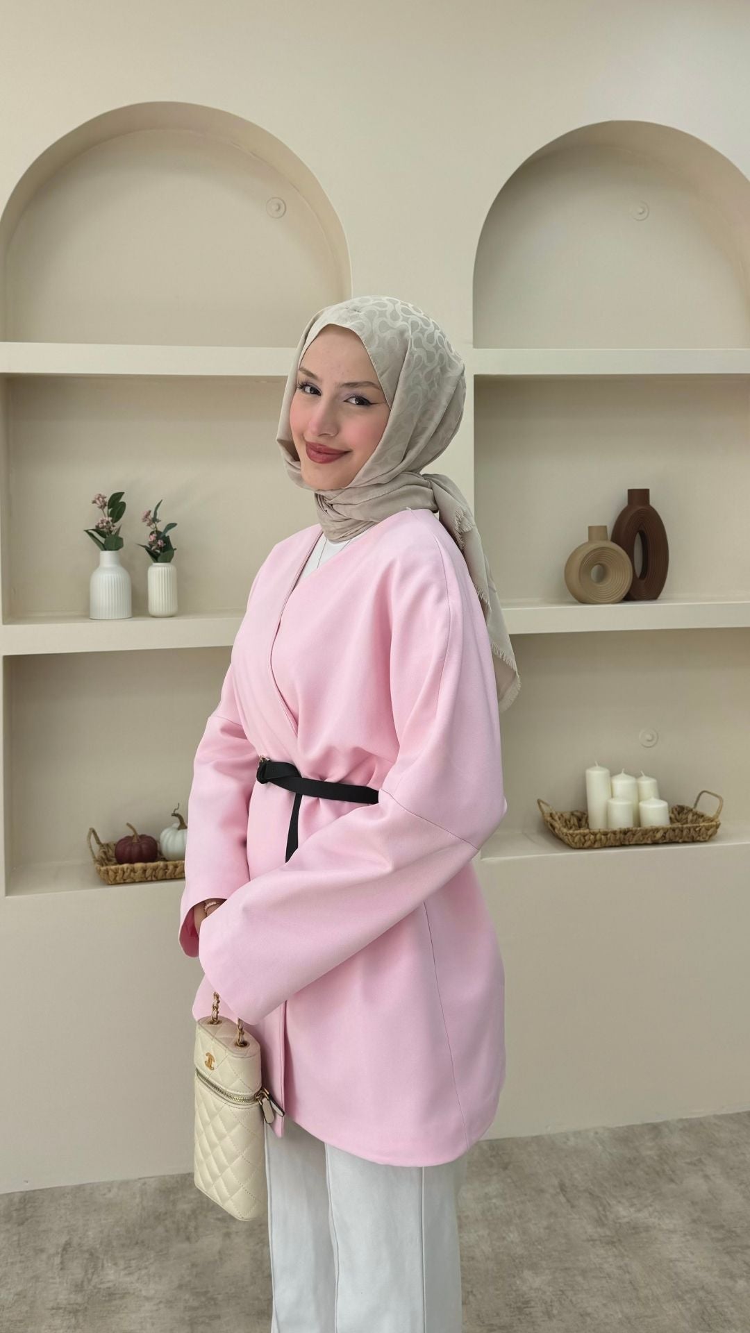 Kruvaze Yaka Kemerli Blazer Ceket Pembe