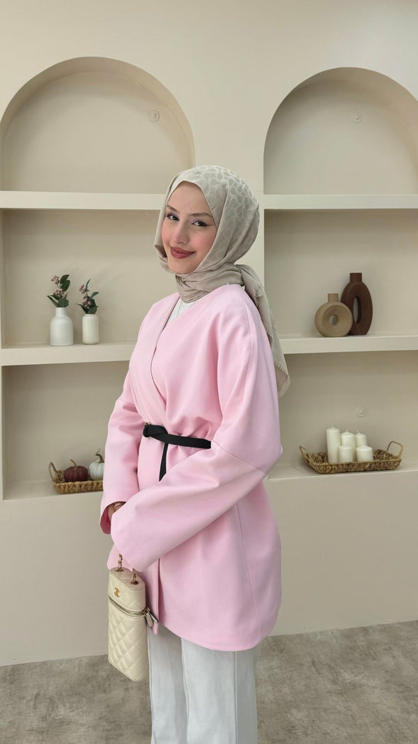 Kruvaze Yaka Kemerli Blazer Ceket Pembe