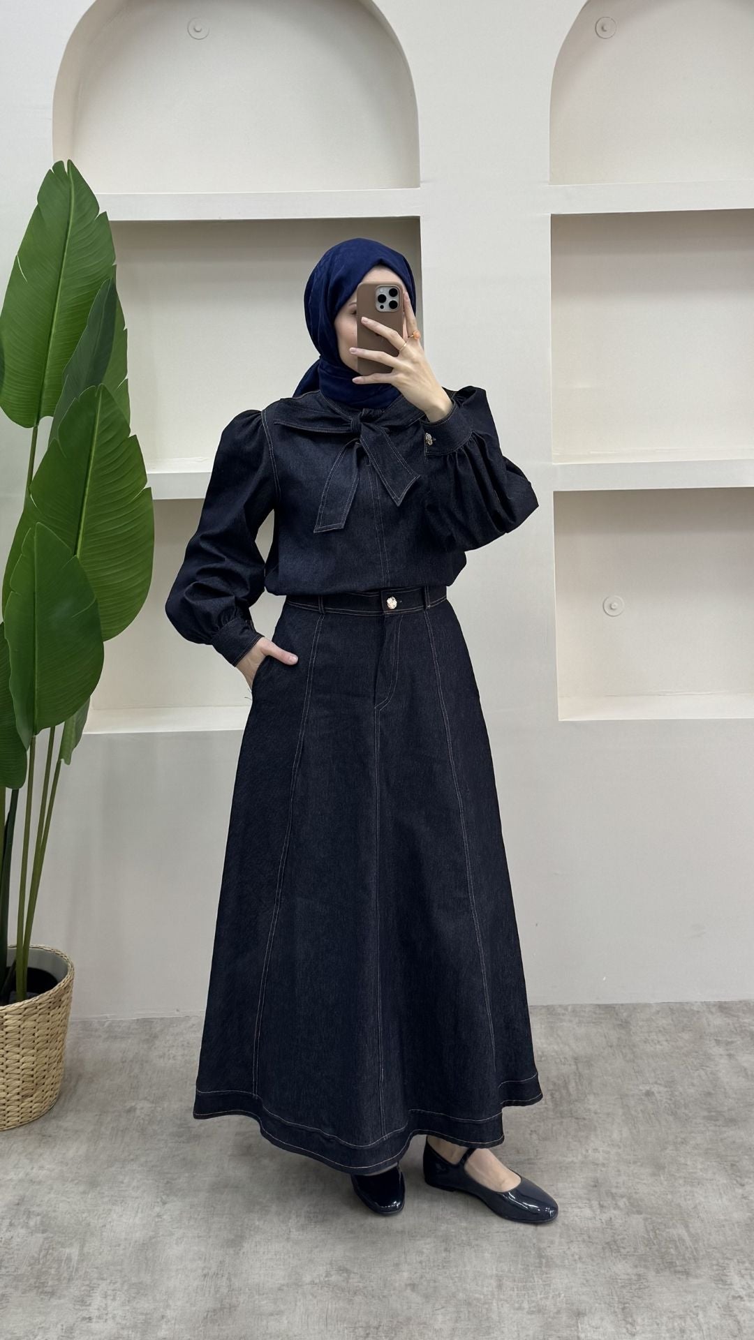 Fularlı Denim Takım Lacivert