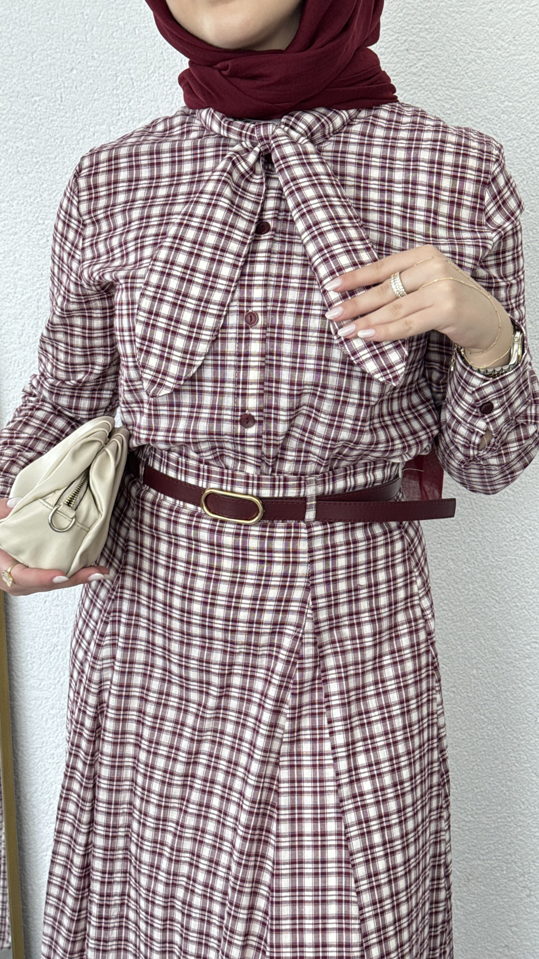 Ekose Desen Etekli Takım Bordo