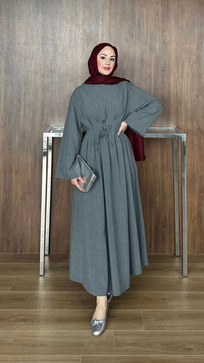 Çift Kuşaklı Elbise Gri
