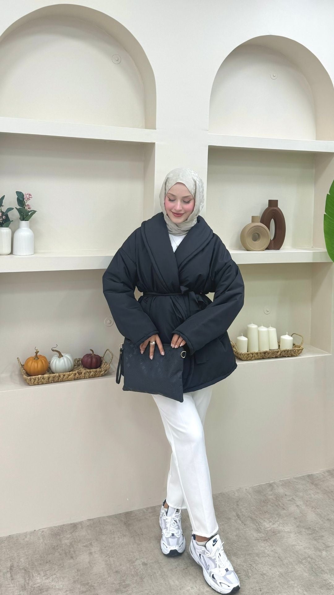 Şal Yaka Kemerli Mont Siyah