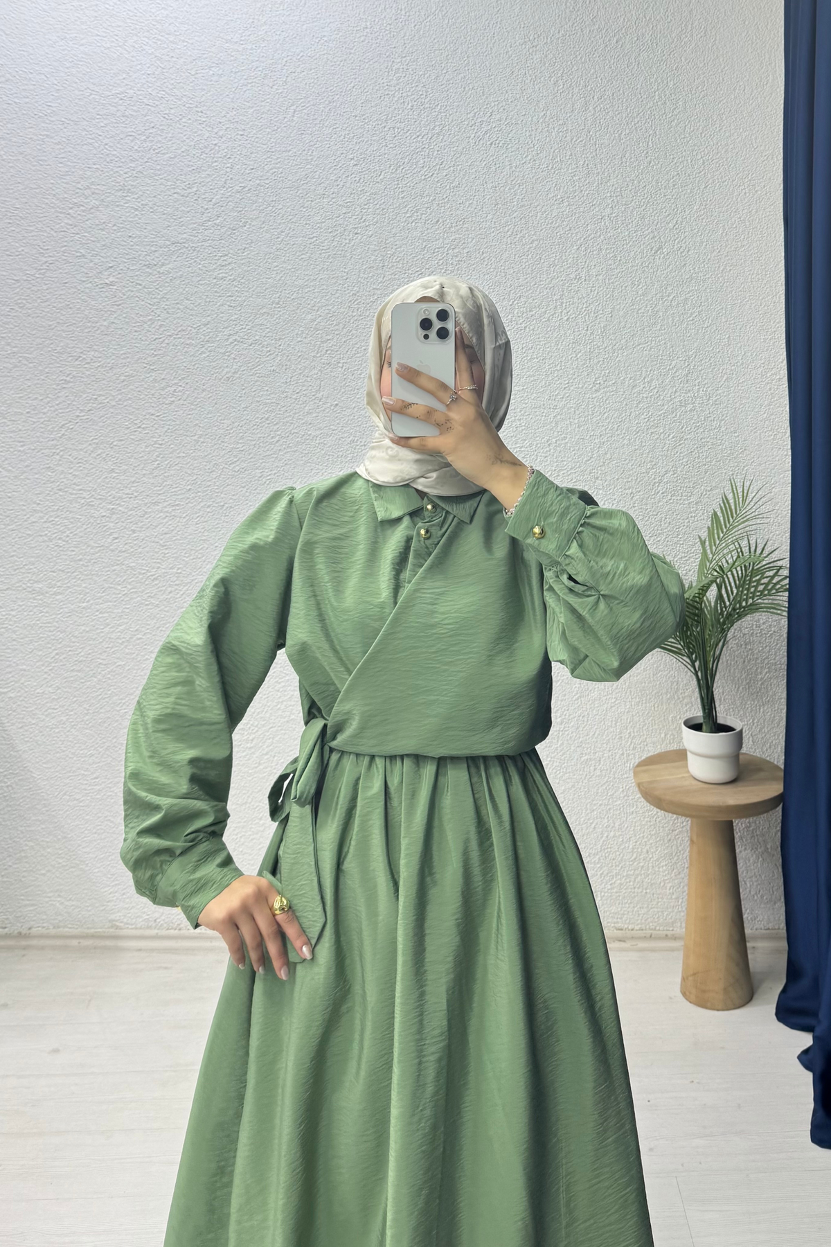 Bağlamalı Düğmeli Elbise Yeşil