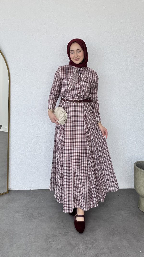 Ekose Desen Etekli Takım Bordo