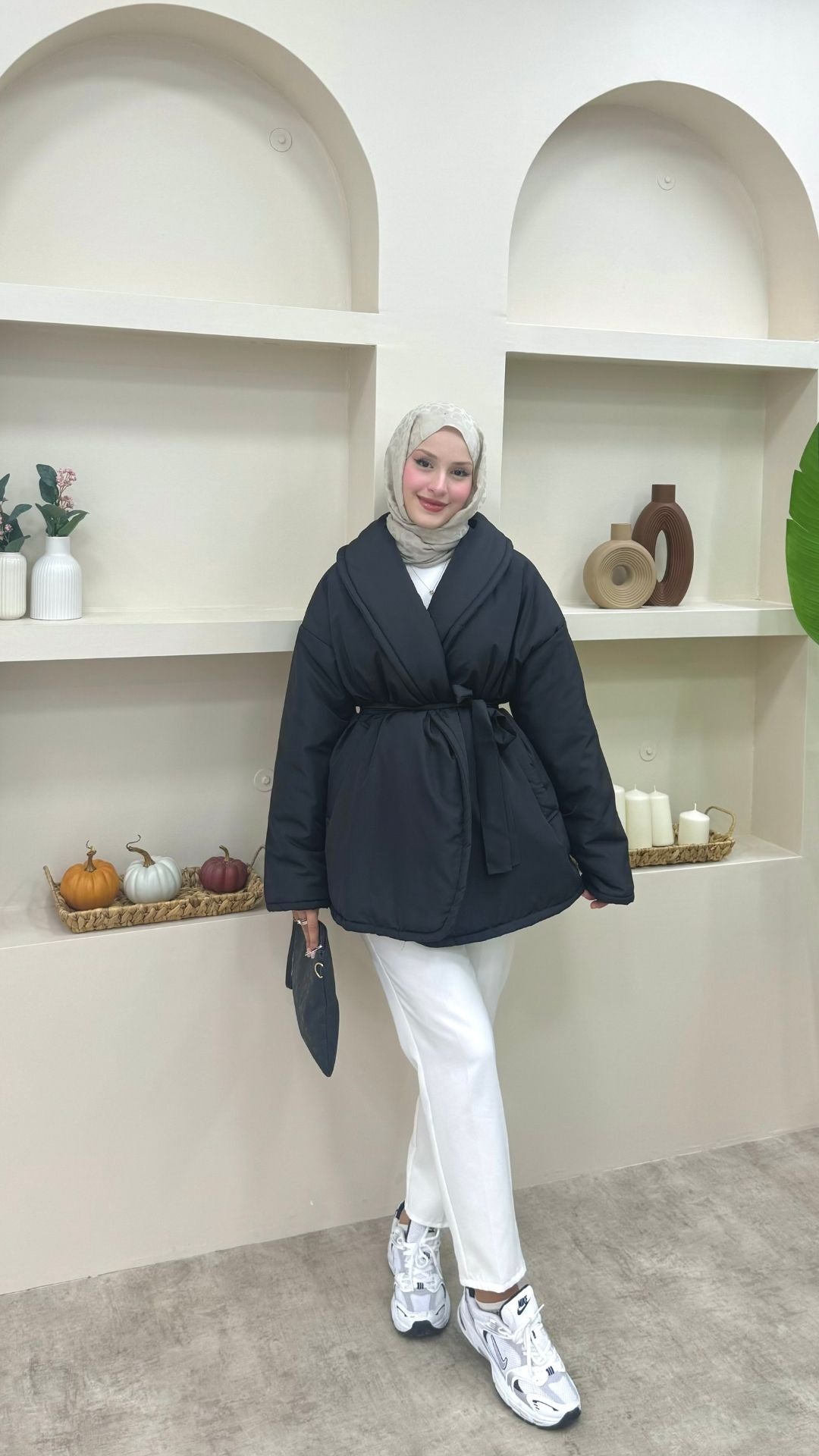 Şal Yaka Kemerli Mont Siyah