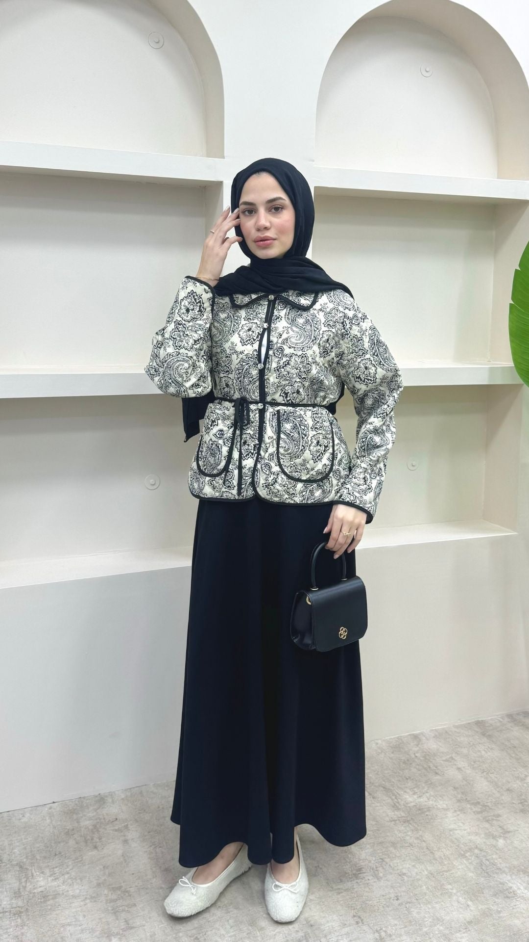 Bağlamalı Etnik Desen Kısa Ceket Siyah