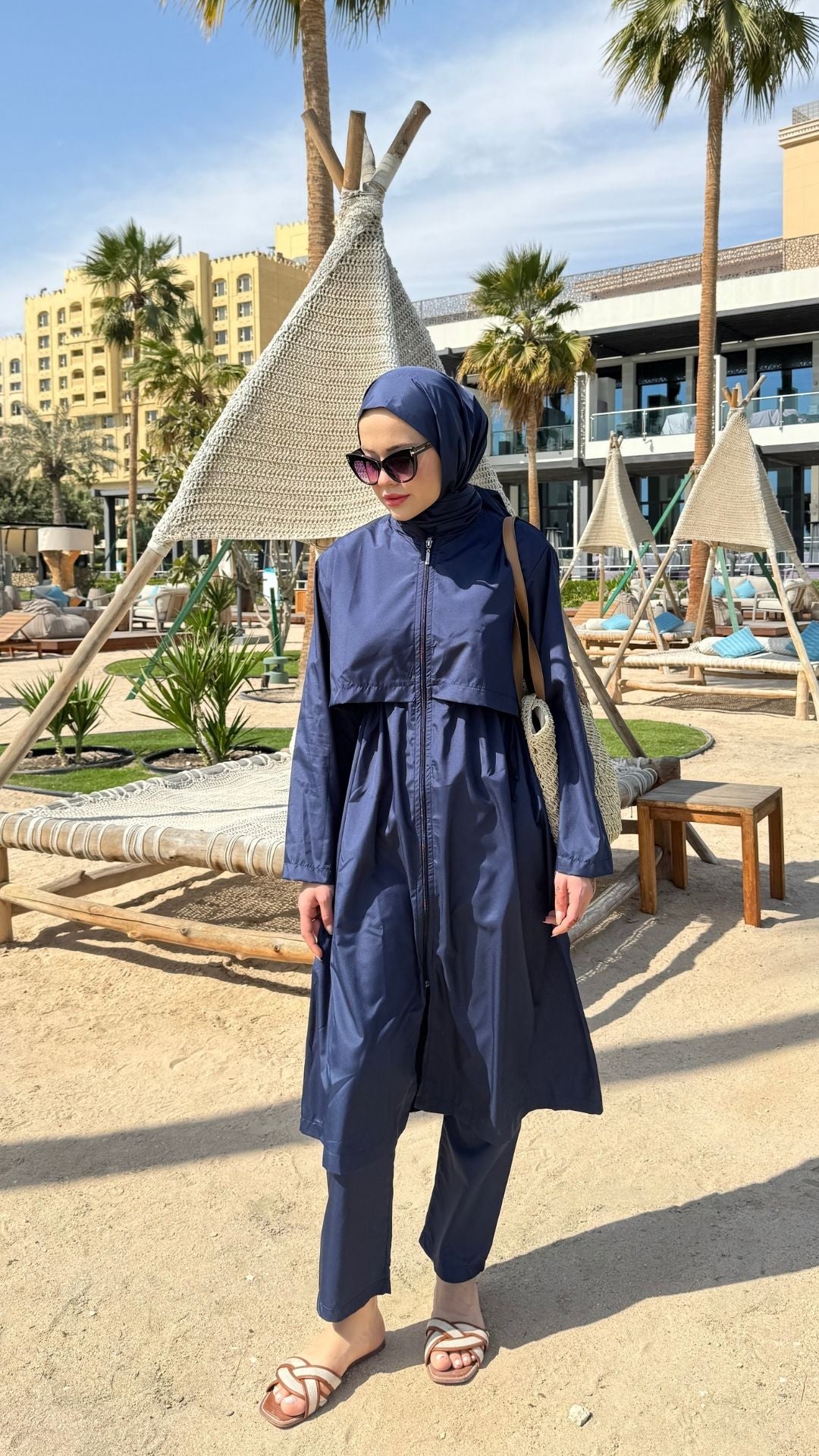 Paraşüt Kumaş Uzun Tesettür Mayo Lacivert