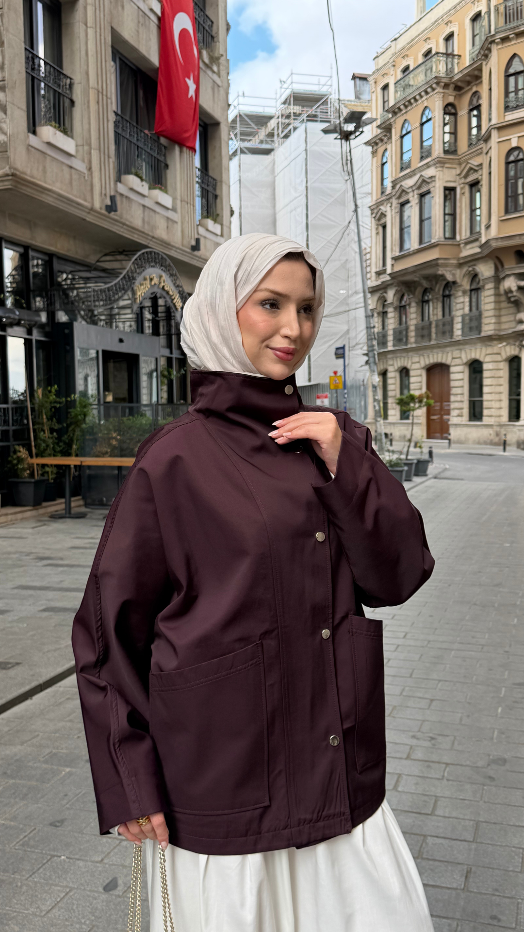 Çıt Çıtlı Trenç Kumaş Oversize Ceket Mürdüm