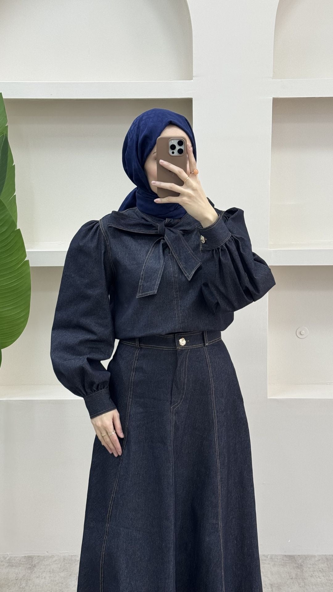 Fularlı Denim Takım Lacivert