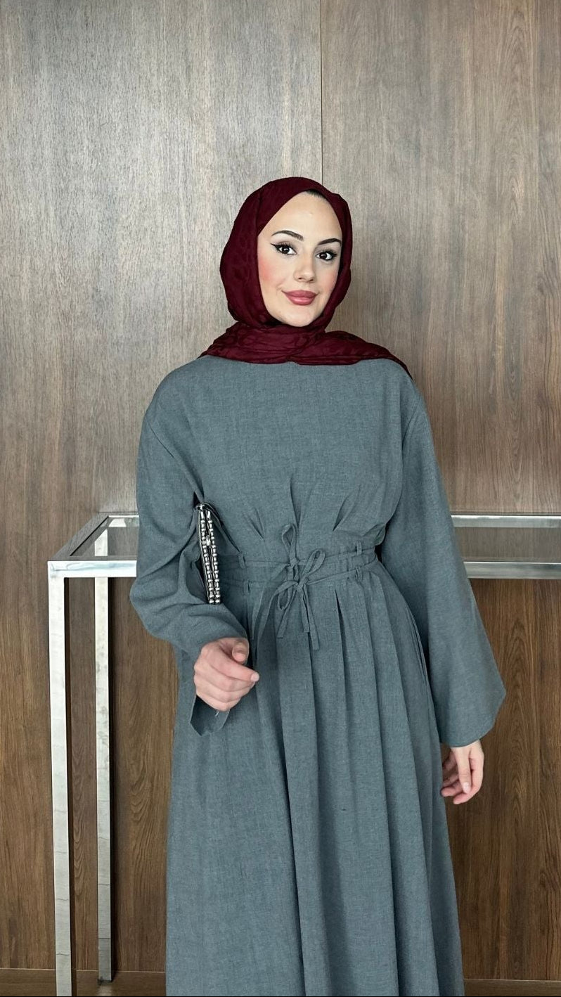 Çift Kuşaklı Elbise Gri