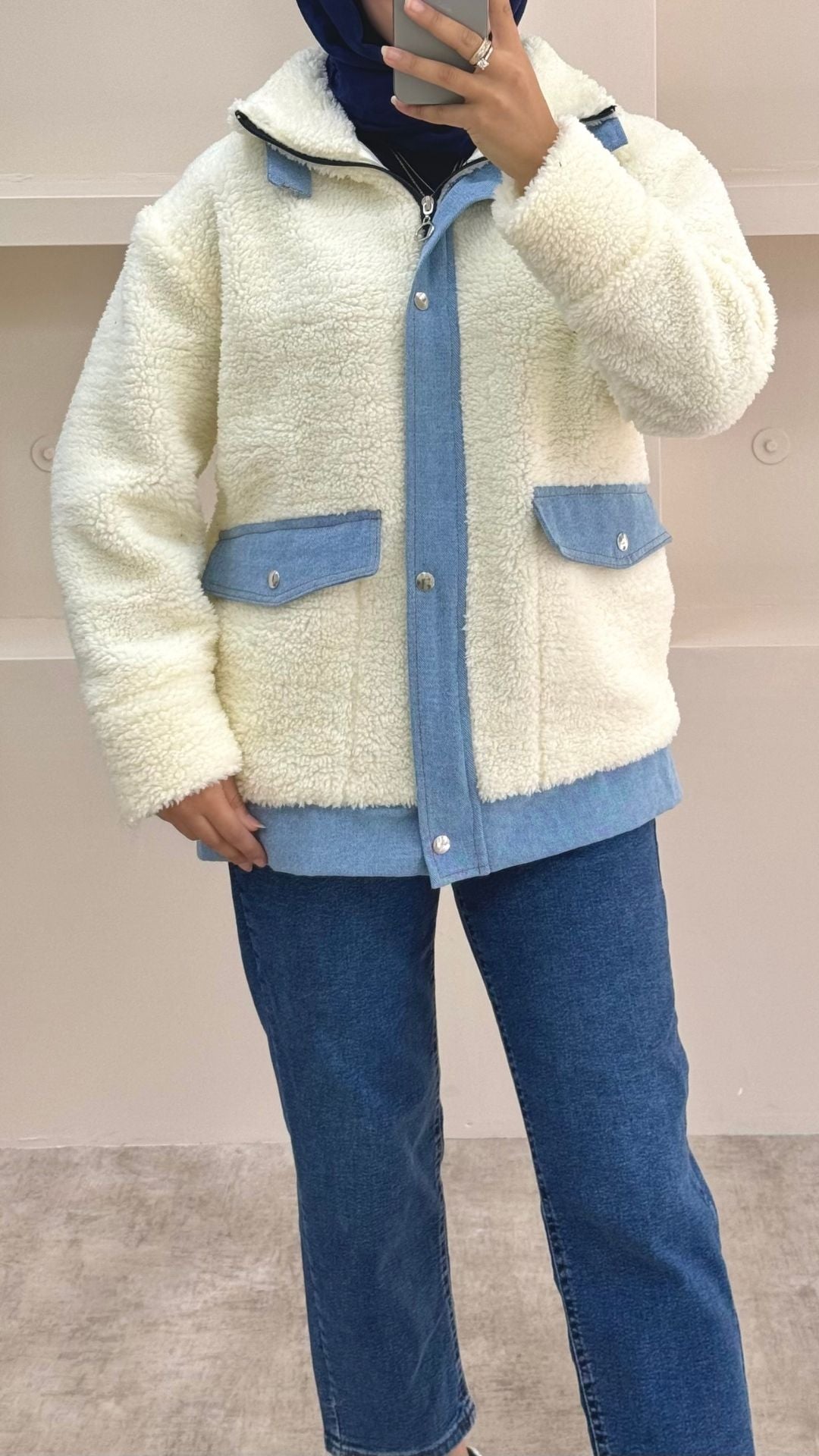 Kot Detaylı Peluş Ceket Beyaz