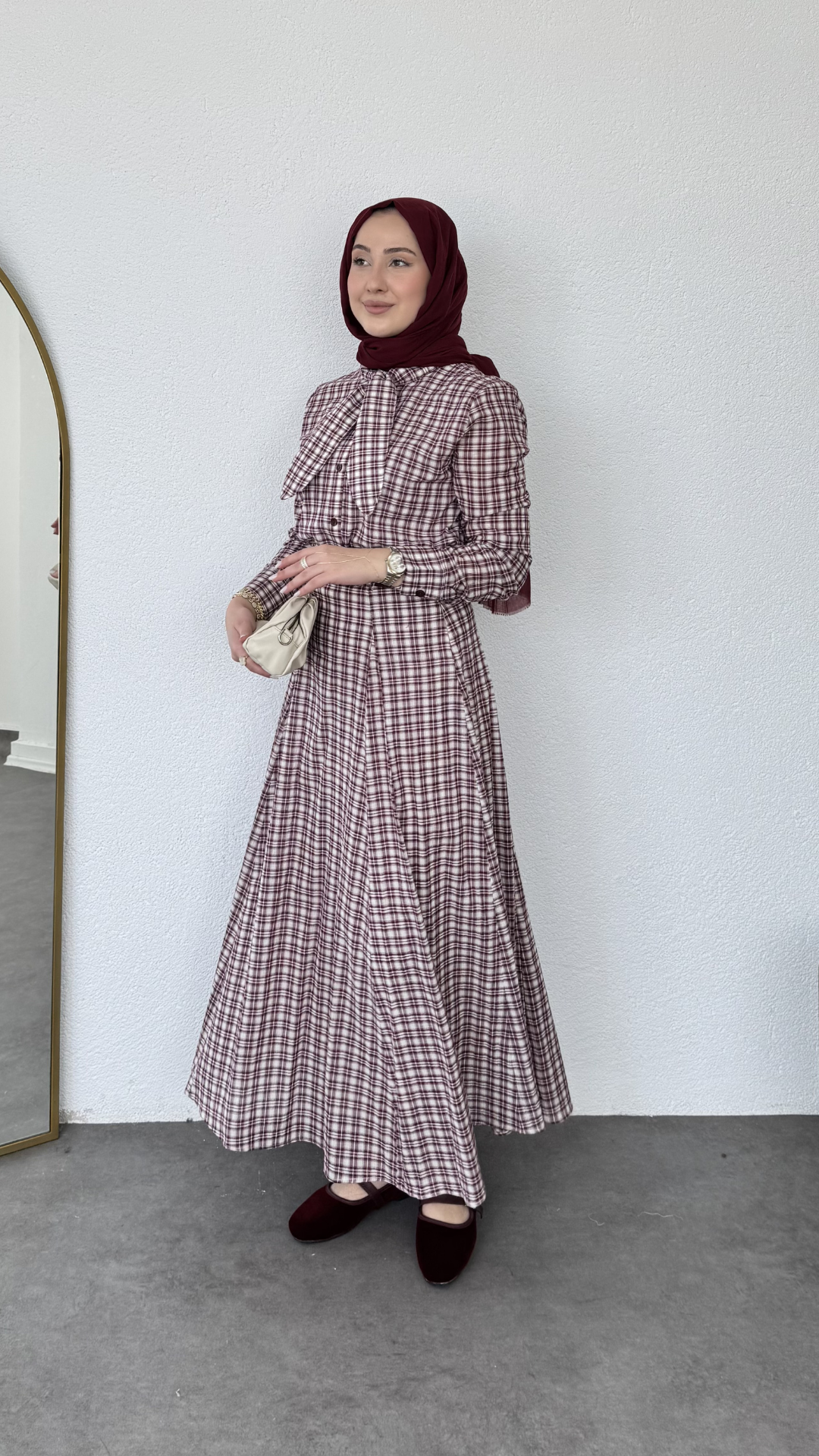 Ekose Desen Etekli Takım Bordo