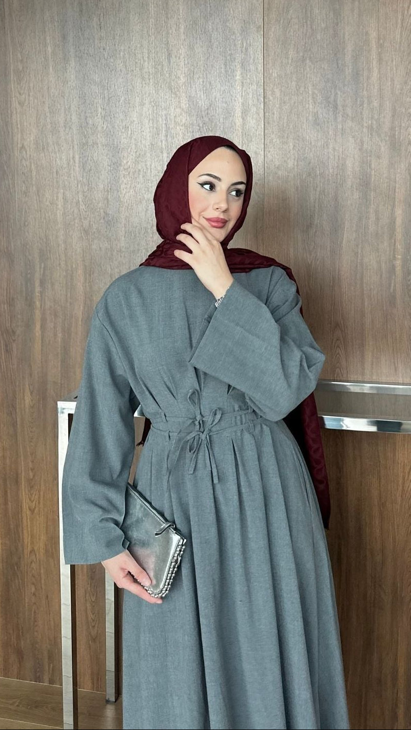 Çift Kuşaklı Elbise Gri