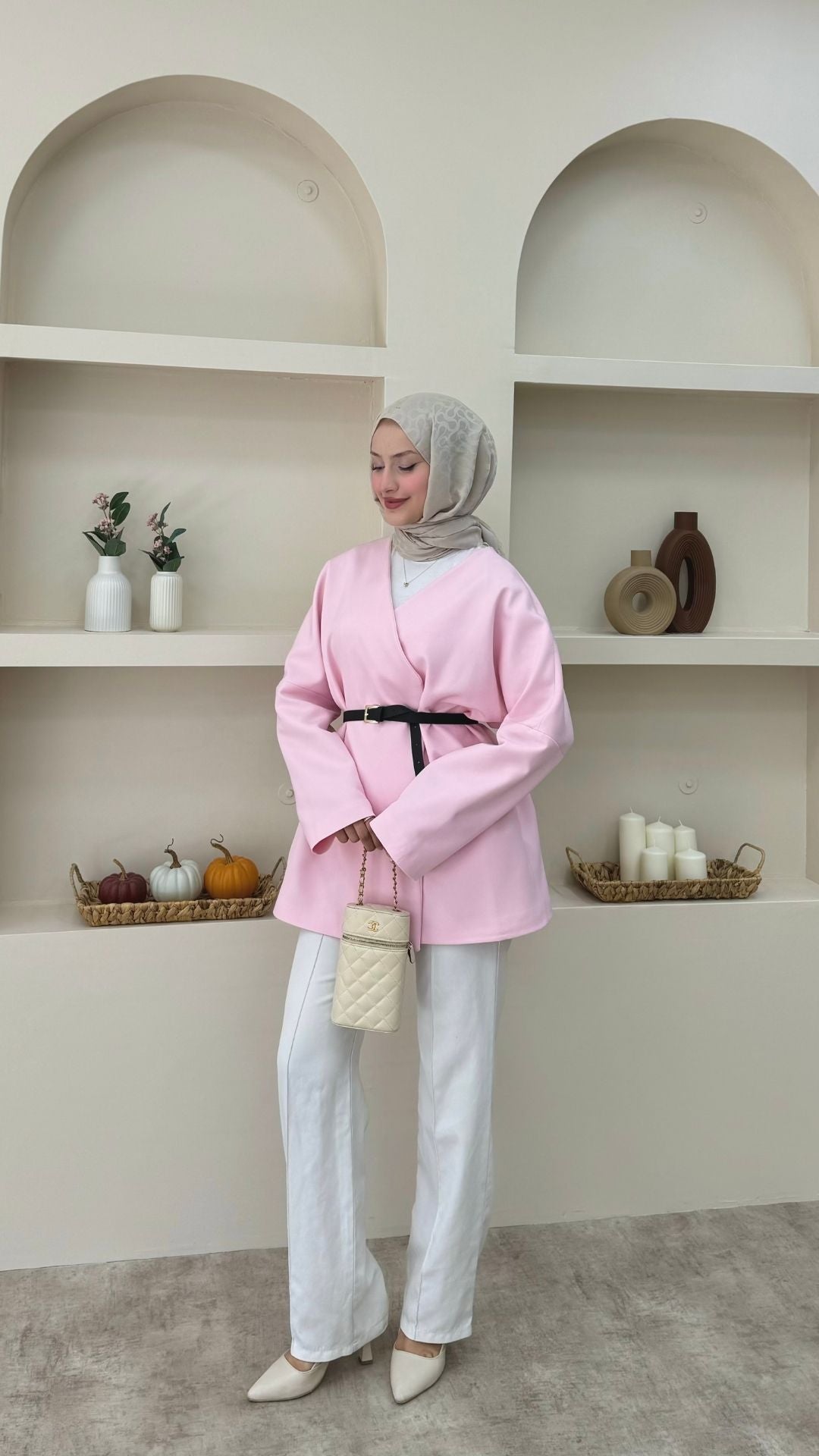 Kruvaze Yaka Kemerli Blazer Ceket Pembe