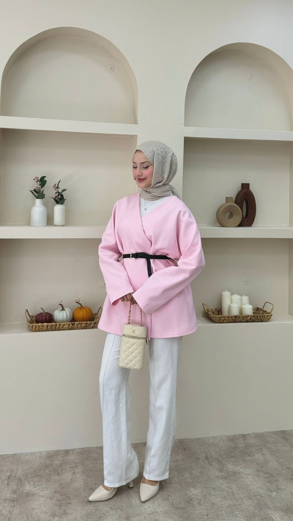 Kruvaze Yaka Kemerli Blazer Ceket Pembe