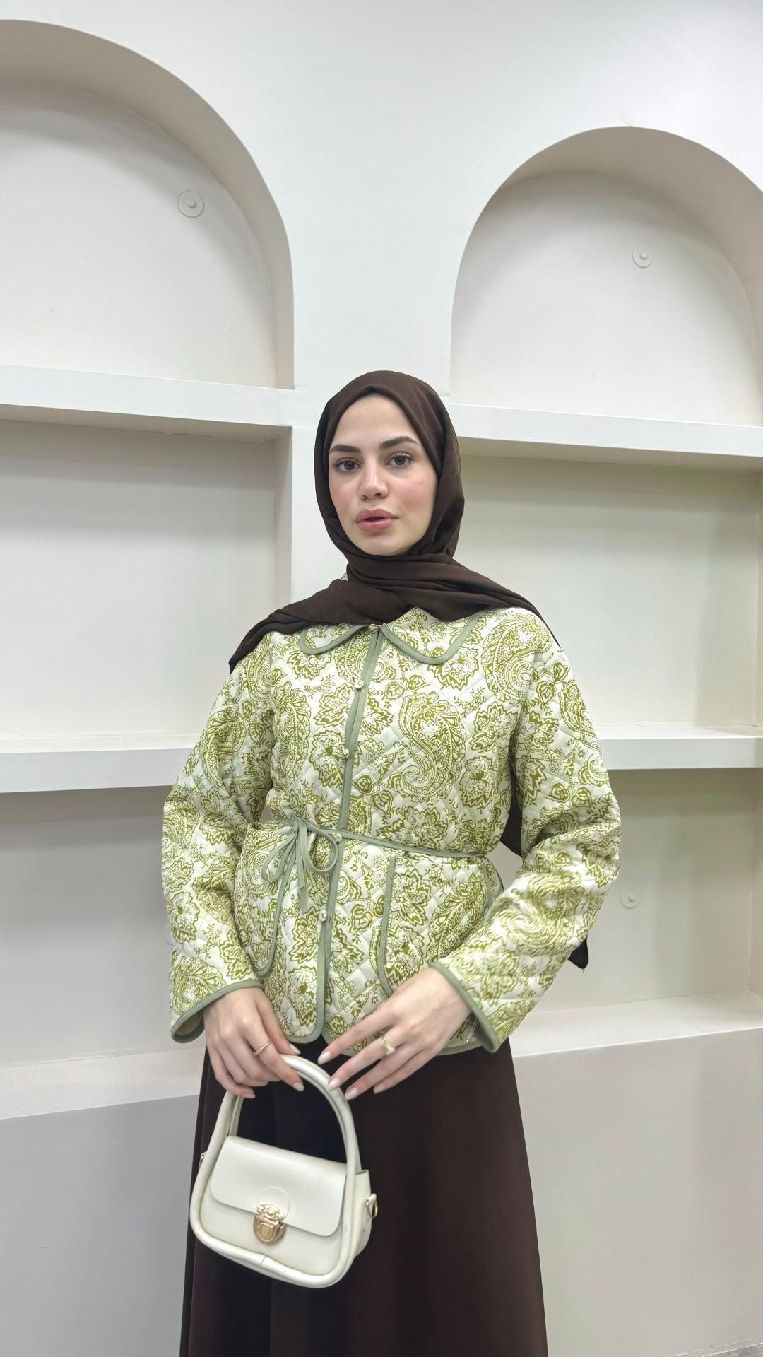 Bağlamalı Etnik Desen Kısa Ceket Yağ Yeşili