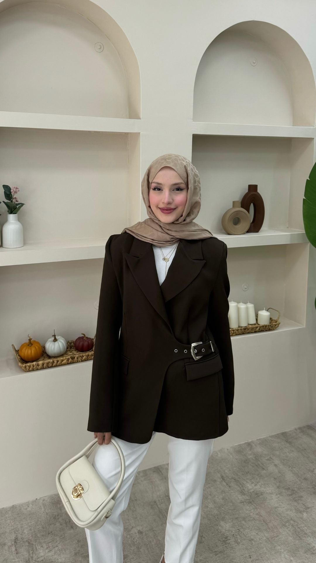 Yandan Kemer Detaylı Blazer Ceket Kahverengi