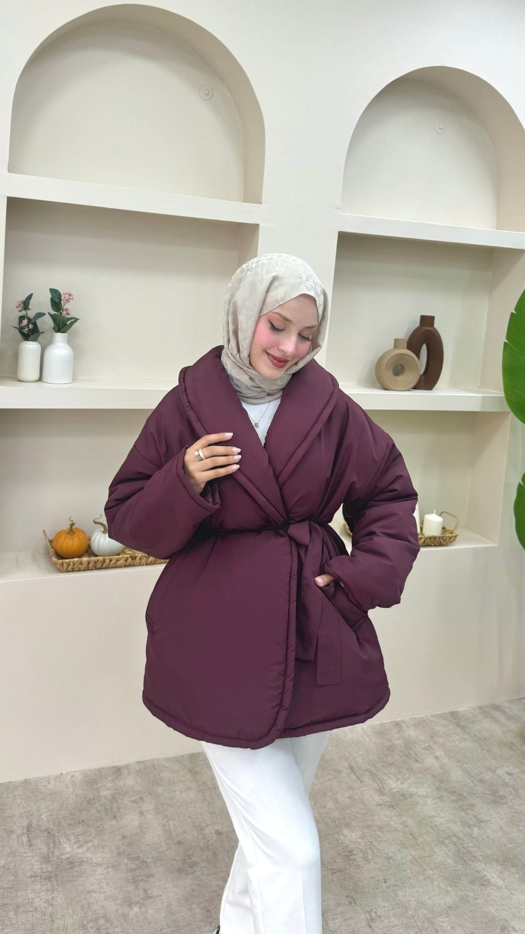 Şal Yaka Kemerli Mont Bordo