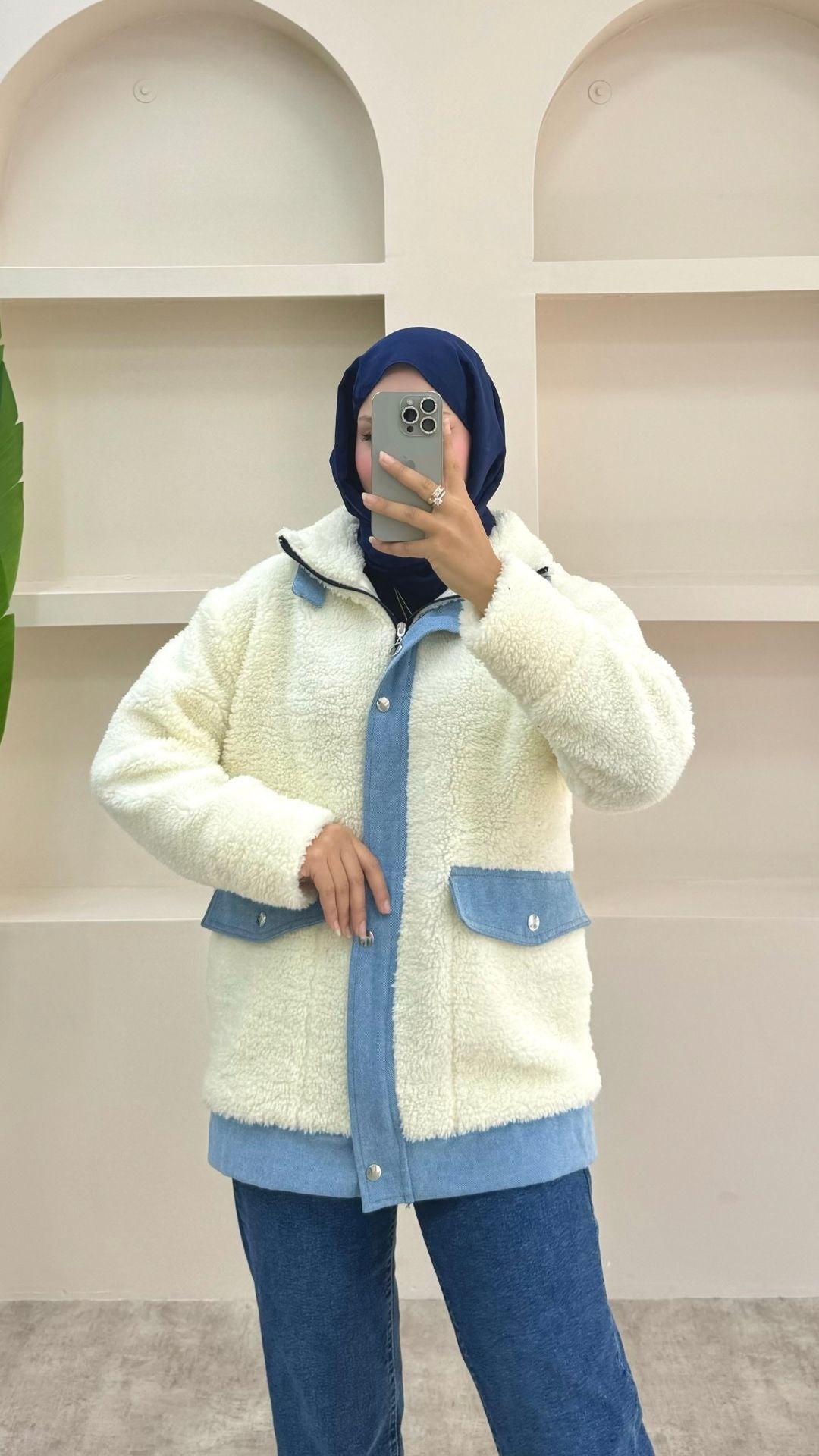 Kot Detaylı Peluş Ceket Beyaz