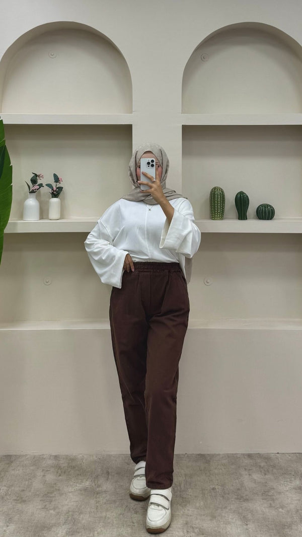 Beli Lastikli Geniş Kesim Mom Jeans Kahverengi
