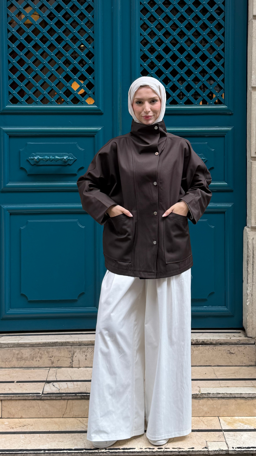 Çıt Çıtlı Trenç Kumaş Oversize Ceket Kahve