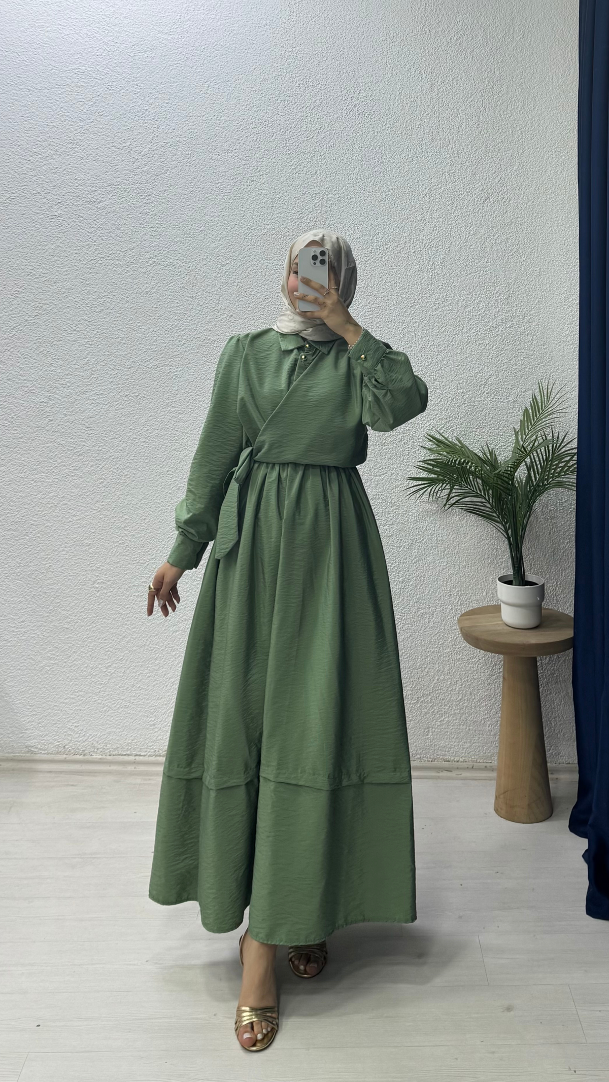 Bağlamalı Düğmeli Elbise Yeşil
