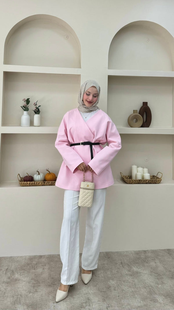 Kruvaze Yaka Kemerli Blazer Ceket Pembe