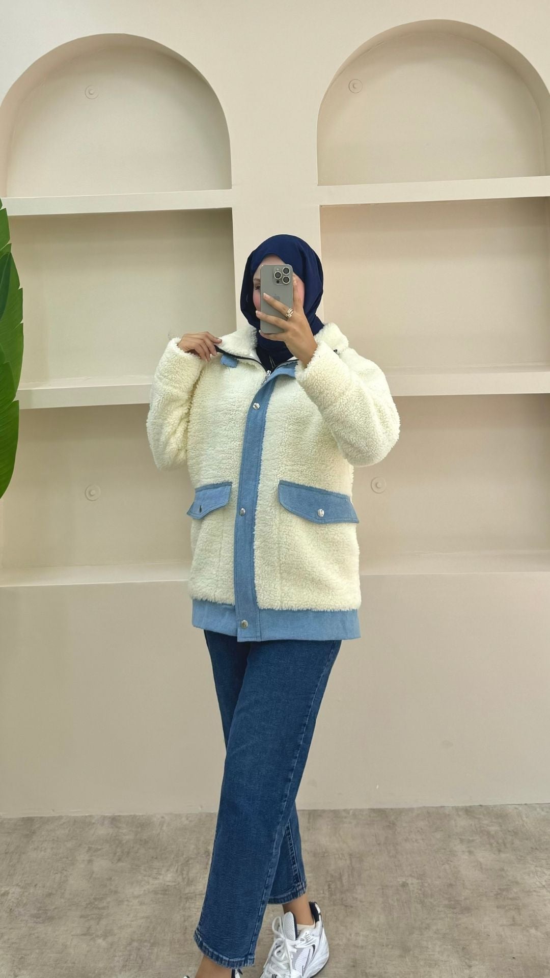 Kot Detaylı Peluş Ceket Beyaz