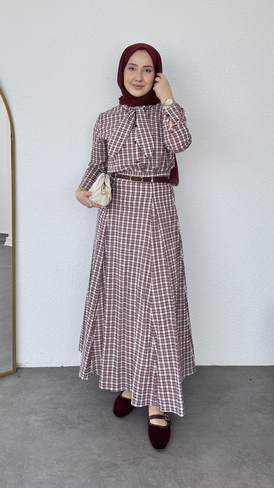 Ekose Desen Etekli Takım Bordo