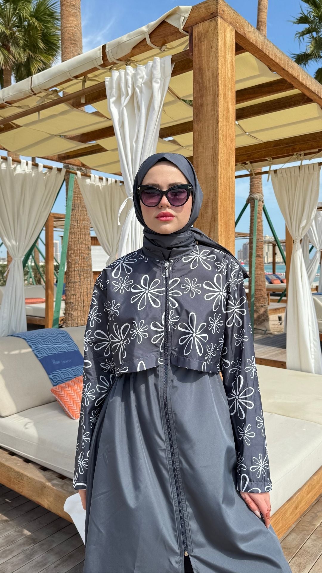 Desenli Paraşüt Kumaş Uzun Tesettür Mayo Antırasit
