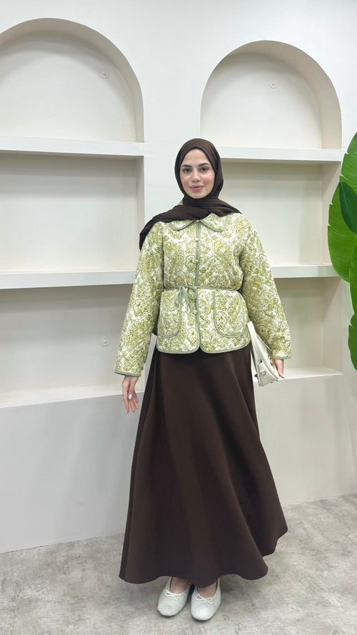 Bağlamalı Etnik Desen Kısa Ceket Yağ Yeşili