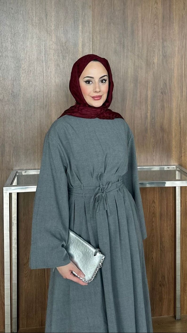 Çift Kuşaklı Elbise Gri