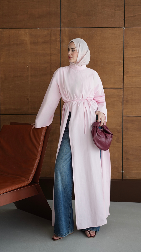 Yırtmaçlı Pamuk Tunik Pembe