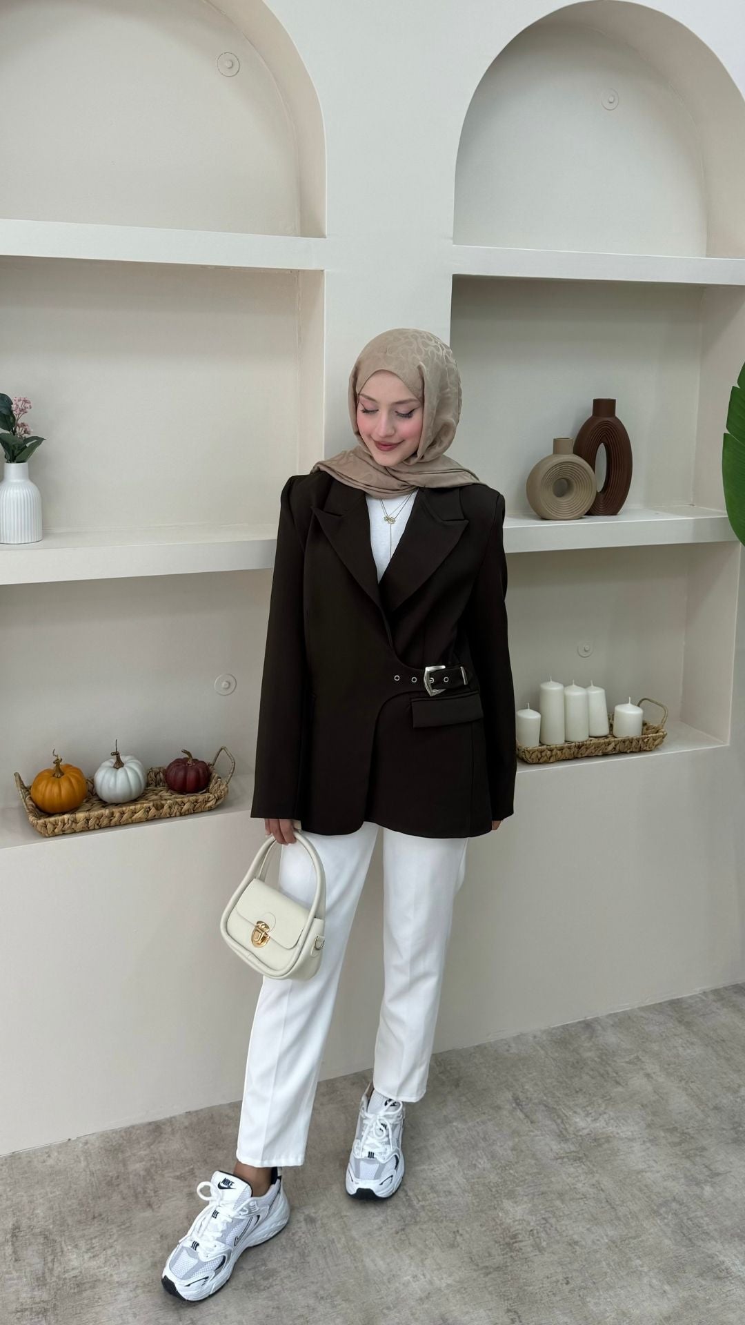 Yandan Kemer Detaylı Blazer Ceket Kahverengi