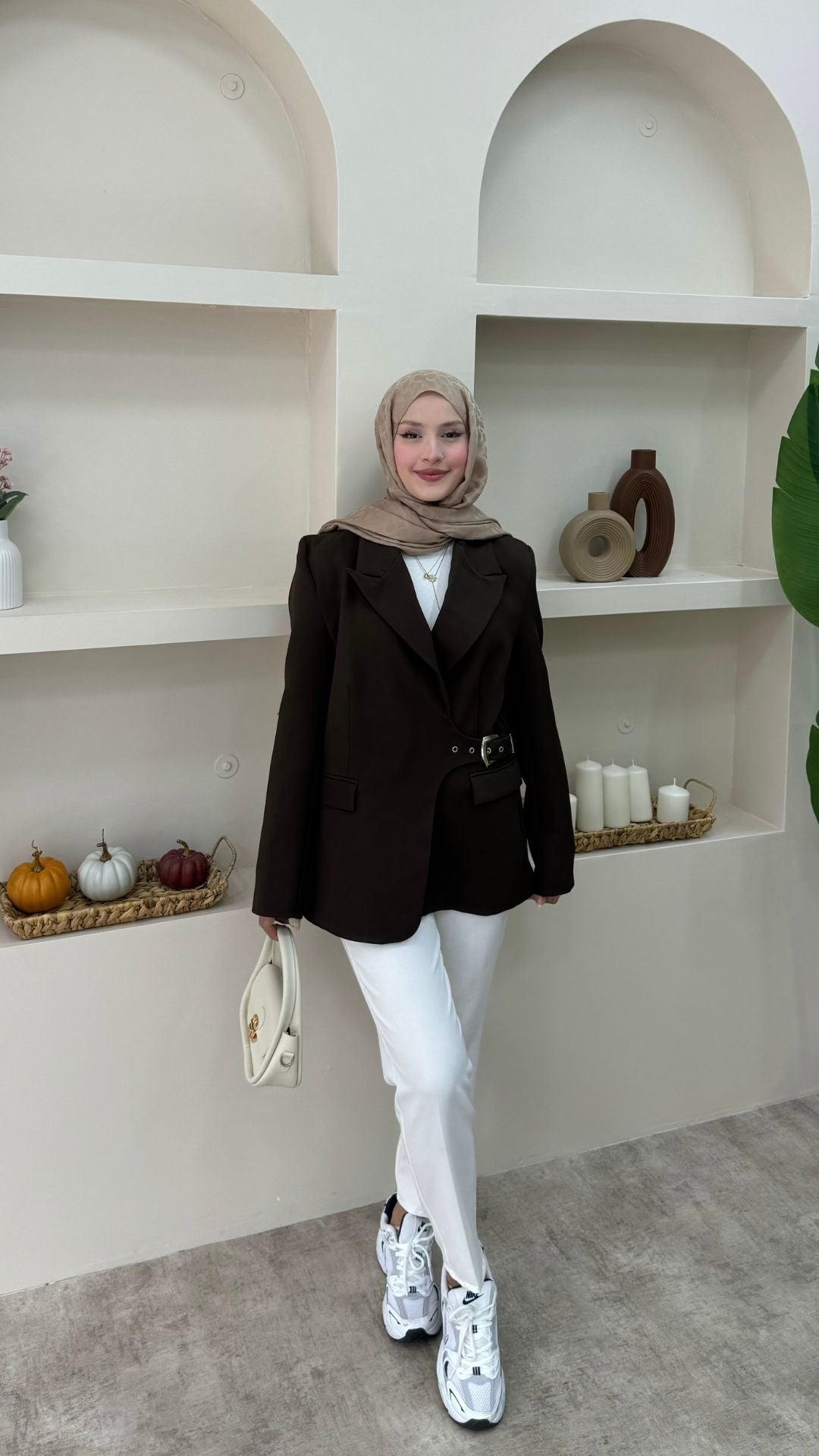 Yandan Kemer Detaylı Blazer Ceket Kahverengi