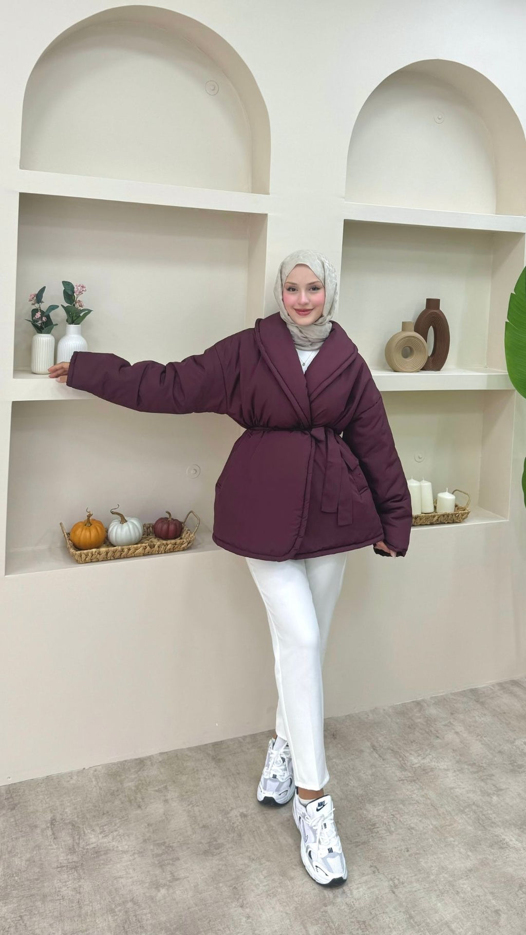 Şal Yaka Kemerli Mont Bordo