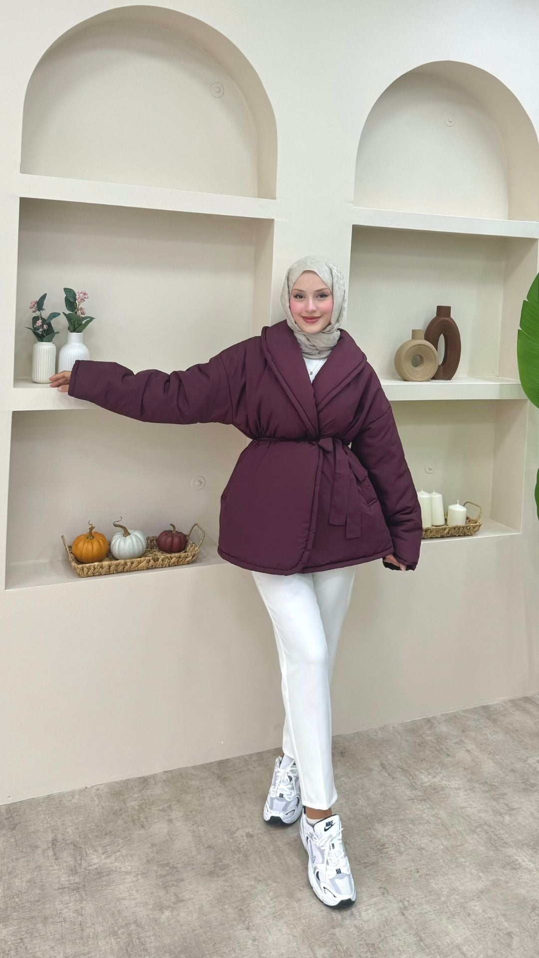 Şal Yaka Kemerli Mont Bordo