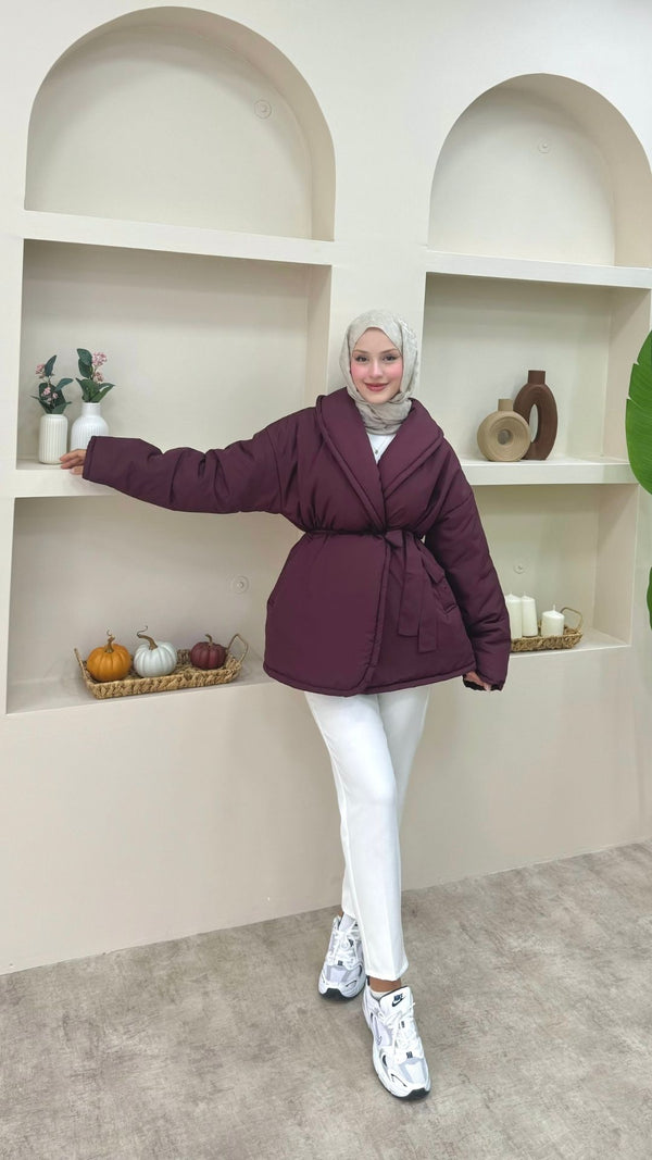 Şal Yaka Kemerli Mont Bordo