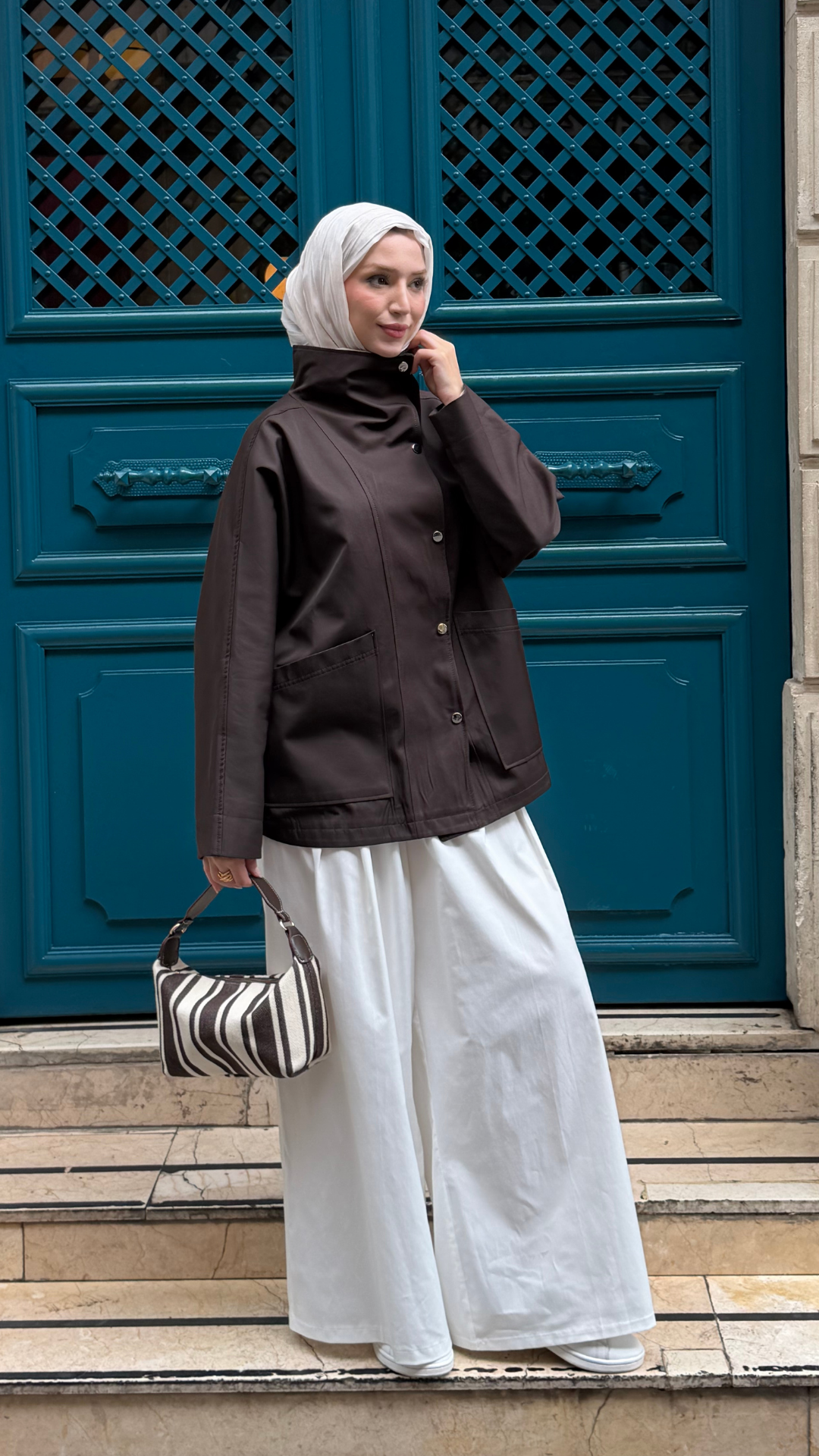 Çıt Çıtlı Trenç Kumaş Oversize Ceket Kahve