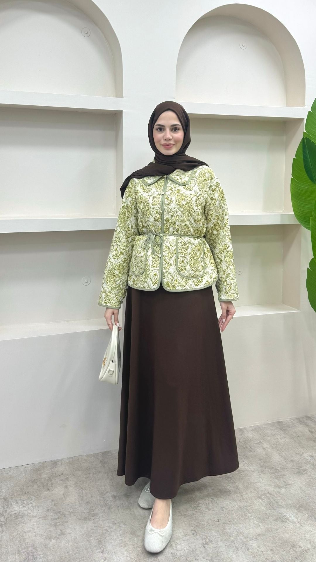 Bağlamalı Etnik Desen Kısa Ceket Yağ Yeşili