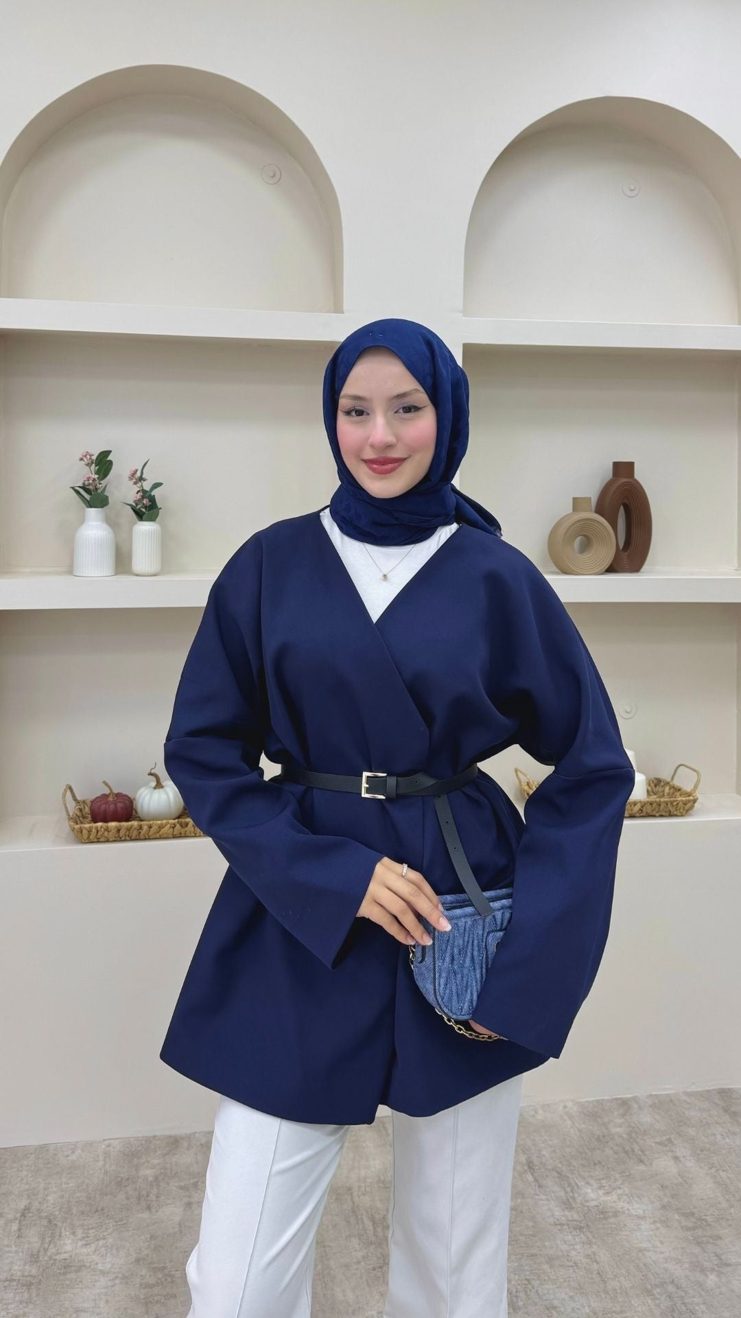 Kruvaze Yaka Kemerli Blazer Ceket Lacivert