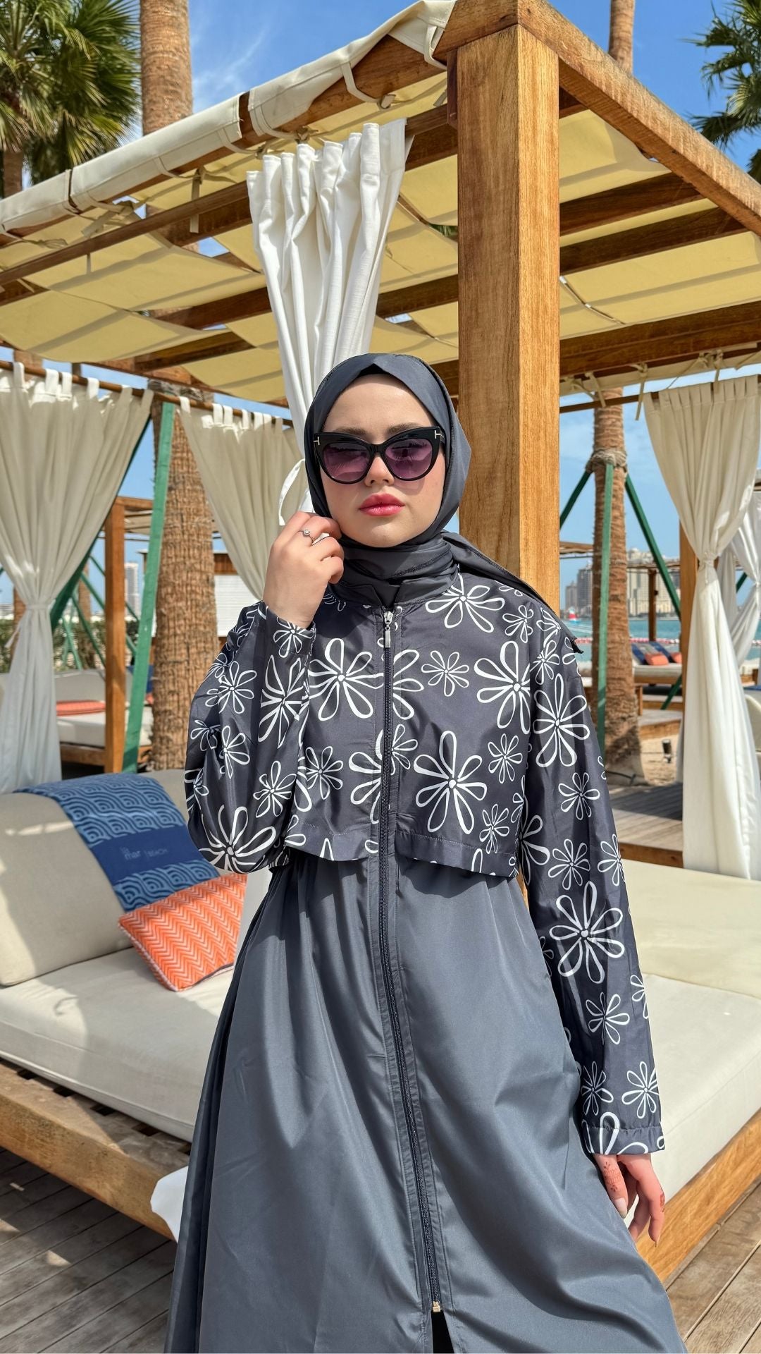 Desenli Paraşüt Kumaş Uzun Tesettür Mayo Antırasit