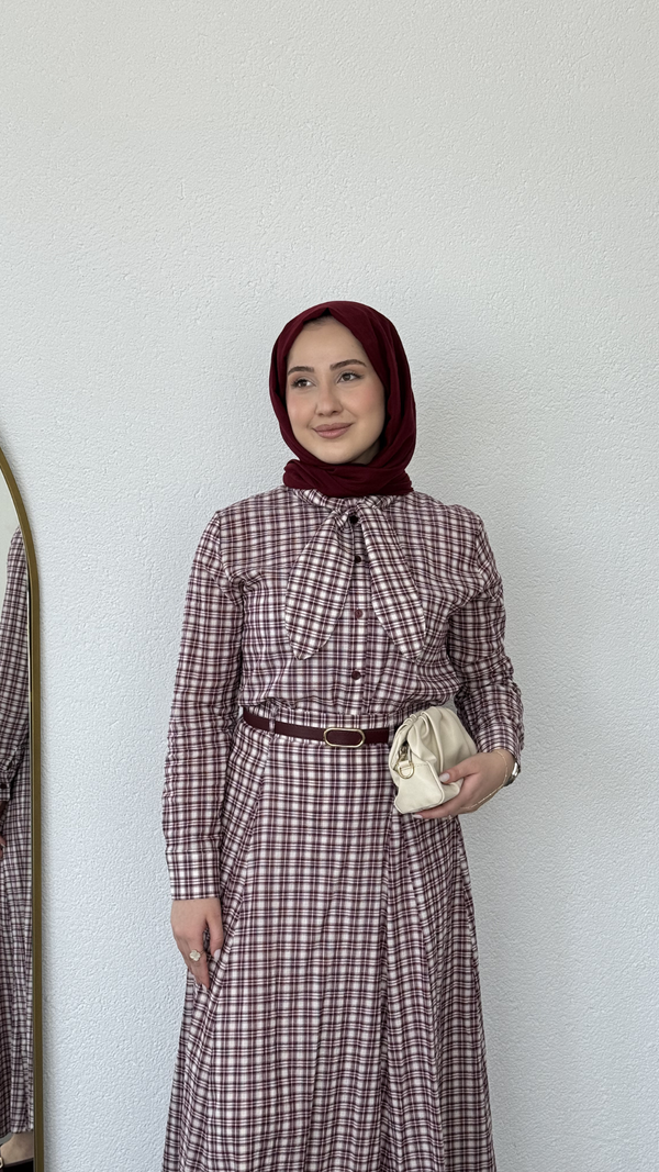 Ekose Desen Etekli Takım Bordo