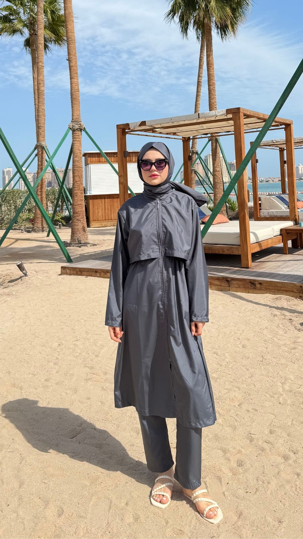 Paraşüt Kumaş Uzun Tesettür Mayo Antırasit